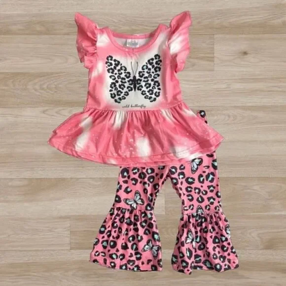 Butterfly Pink Leopard Bell Bottom‎ Set 3XS (6-12 months)