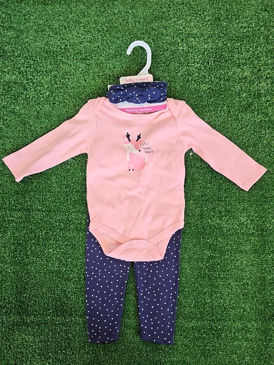 Baby Pink Deer Bodysuit with Navy Polka Dot Pants & Headband