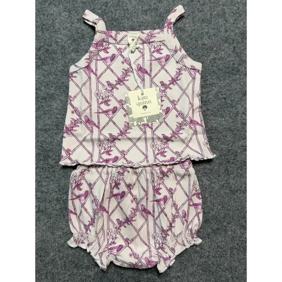 NWT Kate Quinn Tank and Bloomer Set 12-18m Purple Trellis Birds Lettuce Edge