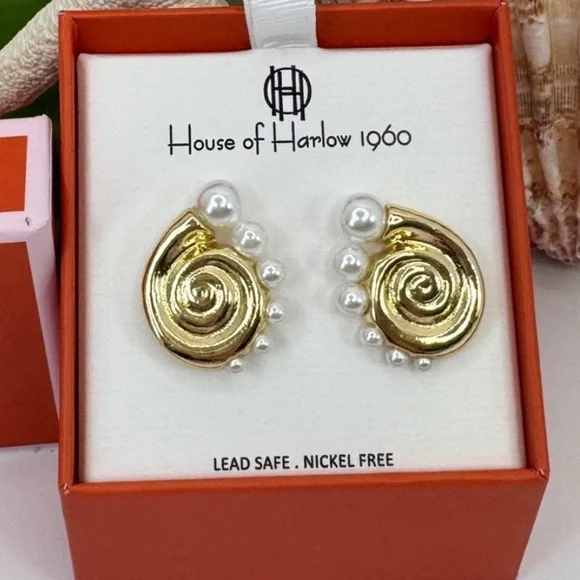 House of Harlow 1960 Gold Tone Nautilus Earrings with Faux Pearls
