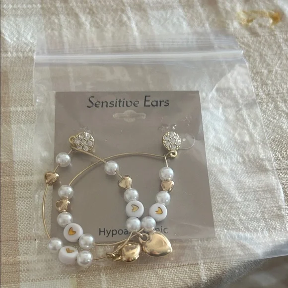 Gold and White Heart Earrings for Sensitive Ears