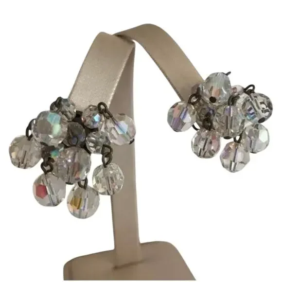 Vintage clear Austrian crystal drop dangle clip on earrings AB faceted beads