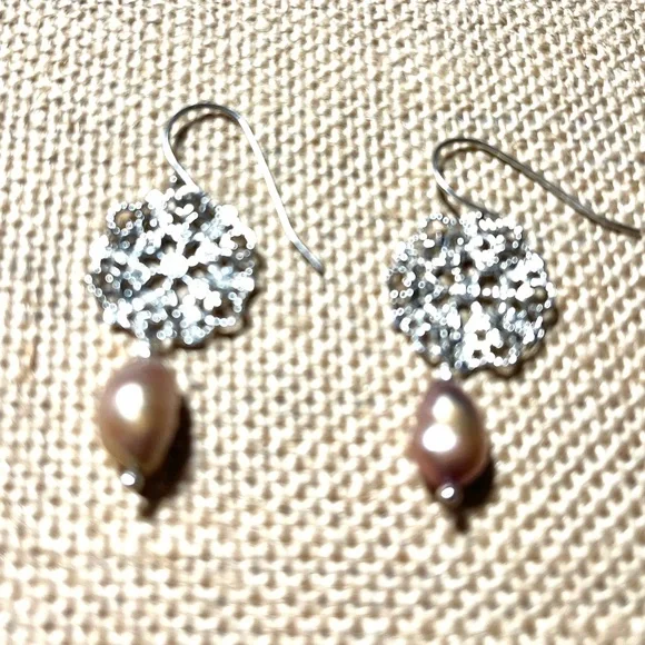 Stamped 925 Sterling Silver Pierced Earrings Dusty Rose Baroque Pearl Drops