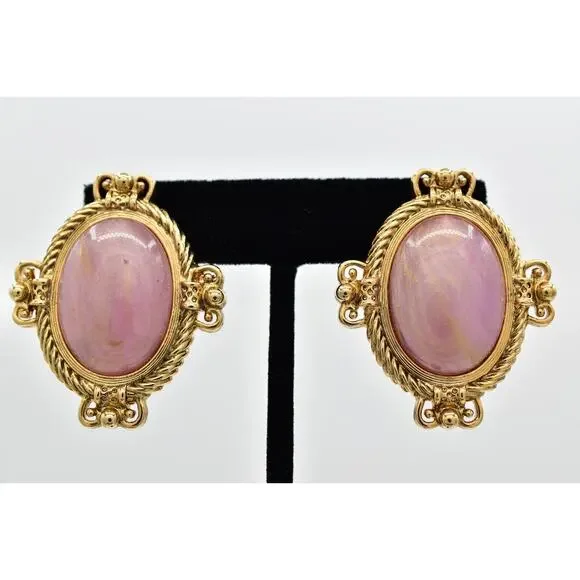 1928 Vintage Cabochon Clip On Earrings Mauve Oval Gold Heavy Chunky 1980s BinBB