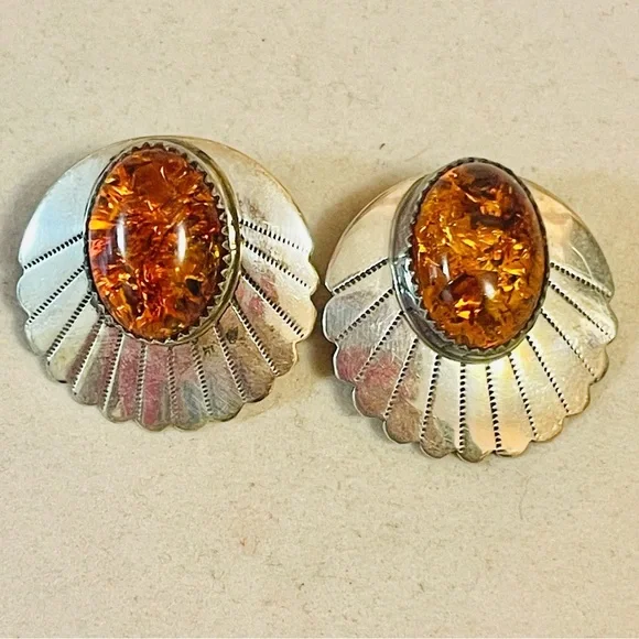 VTG Southwest Sterling Silver With Amber Earrings