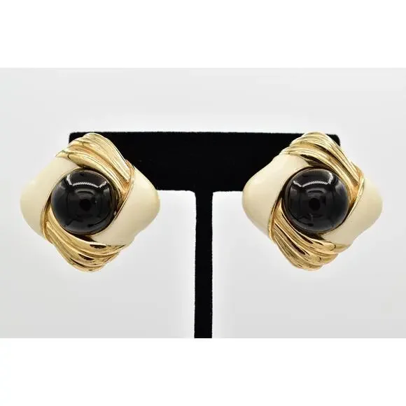Ciner Vintage Cabochon Clip On Earrings Black Gold Heavy Chunky Signed 70s BinBB