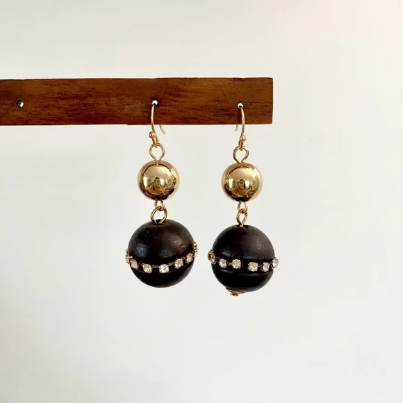 4/$15 Gold Ball Wooden Drop Rhinestones Detail Dangly Earrings