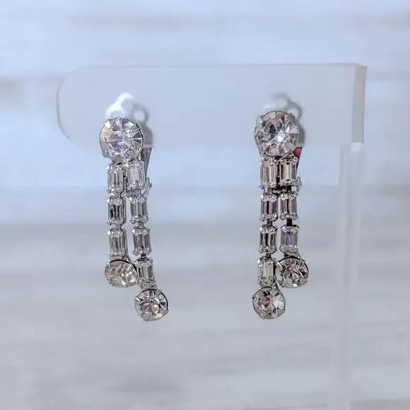 Vintage Clip On Earrings Clear Gem Dangle 1.5