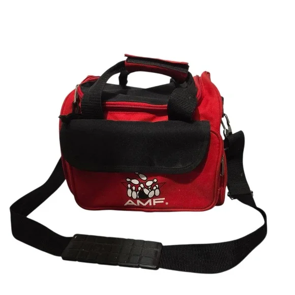 AMF Single Ball Bowling Bag Red Black Vintage Canvas Tote Shoulder Strap‎ Logo