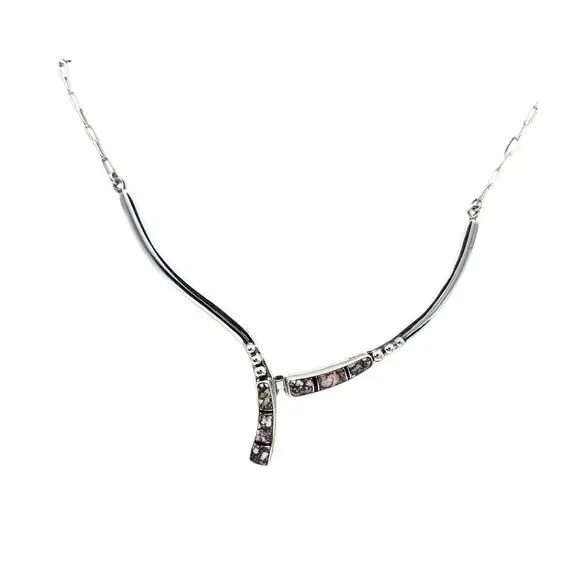 Rare Vtg Estate Sterling Silver Navajo Link Necklace Inlaid Wild Horse Magnesite