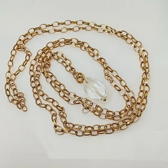 Long Gold Tone Chain Necklace Quartz Pendant 48