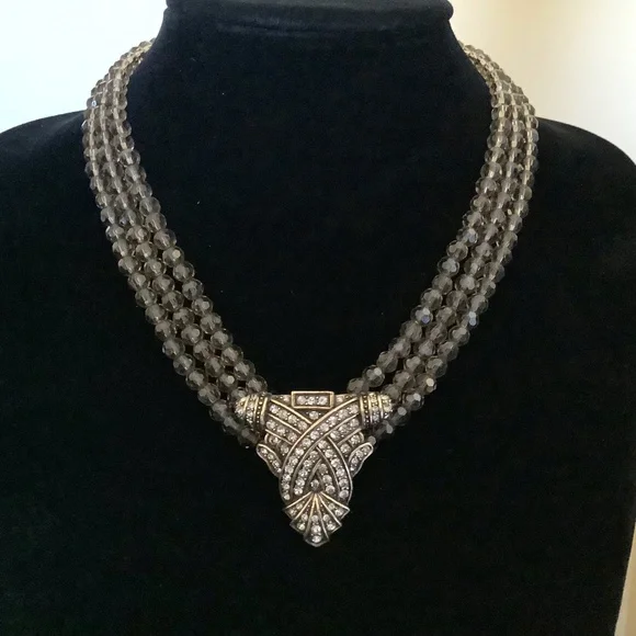 Heidi Daus Art Deco Triple Strand Beaded Crystal Necklace Smoky Topaz