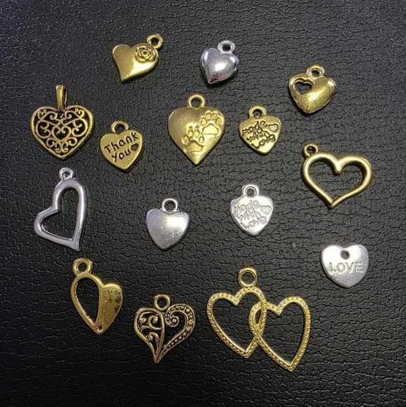 15 Pcs Gold and Silver Heart Charm Set
