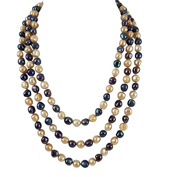 Vintage Pearl Necklace pearls hand knotted multi color extra long  A0378 Q7