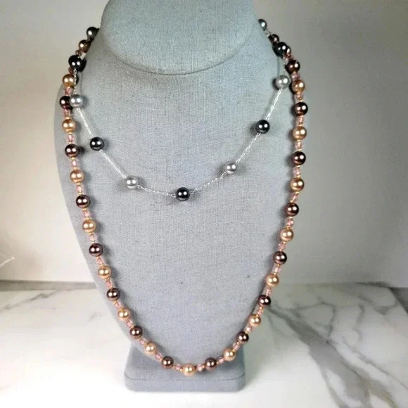 Roman Beaded Necklace Set Of 2  Signed Floating Faux Pearl Gray Peach Pi…