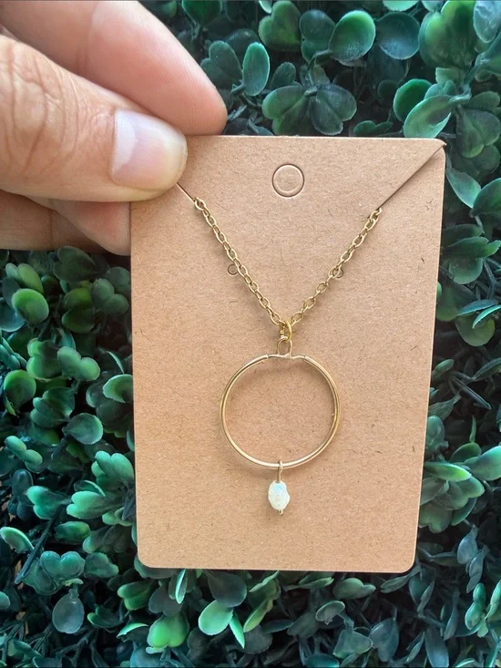 Repurposed Gold Hoop Pendant Necklace with White Pearl Accent