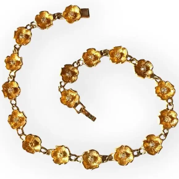 Vintage gold tone flower chain necklace with rhinestone accents