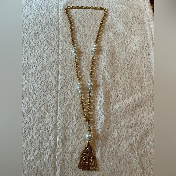 Napier/vintage gold and pearl, tasseled pearl pendant necklace, 34” long *