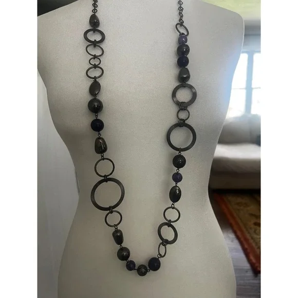 Vtg‎ Style Gunmetal Purple Bead Long Statement Necklace Textured Rings 40-44