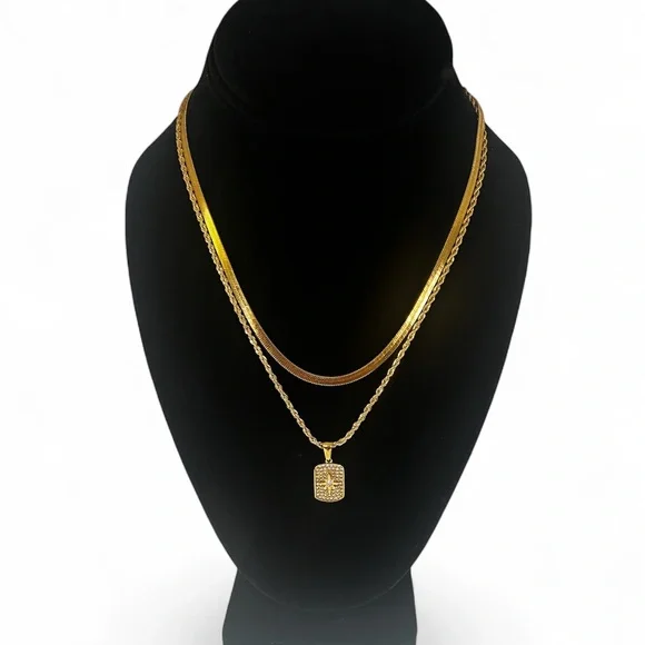 NEW 18K GOLD PLATED LUX SET “DIVINE ALIGNMENT” – HERRINGBONE + ROPE + CHARM