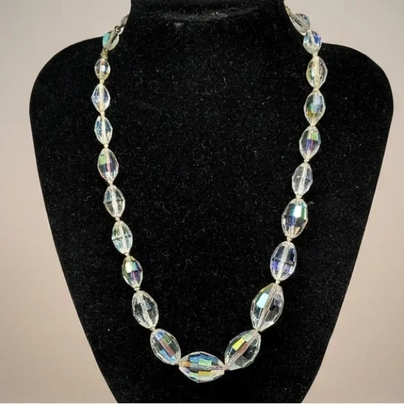 Vintage Laguna Aurora Borealis Crystal Bead Necklace Faceted AB Glass Graduated