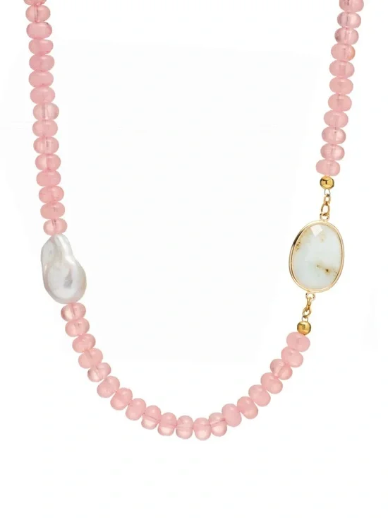Pink Beaded Necklace with Pearl and White Stone Accents