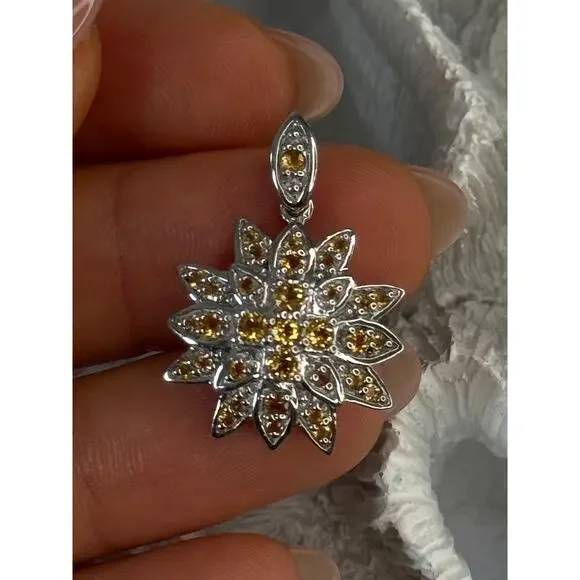 925 Sterling Silver Citrine Flower Pendant Length 1.15 inch