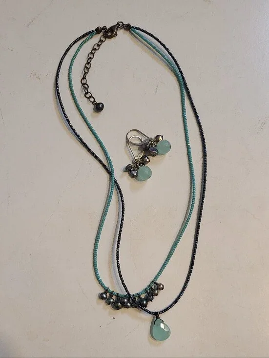 Beaded Aqua Teal And Navy  Layered Necklace and Earring Set