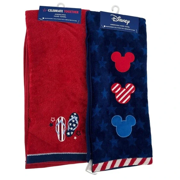 Disney Mickey Mouse Americana Hand Towel Set 2pc Red Blue Stars Patriotic New