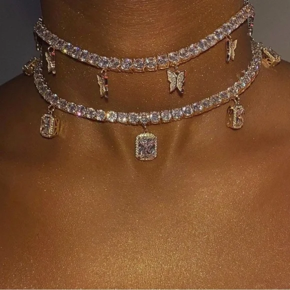 Gold tennis butterfly and square gemstone Choker Necklace set