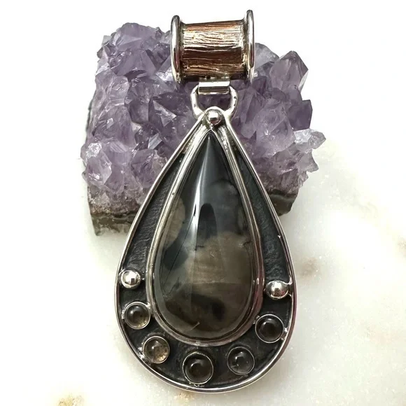 Jay King Sterling Silver & Copper Teardrop Agate with Smokey Quartz Pendant
