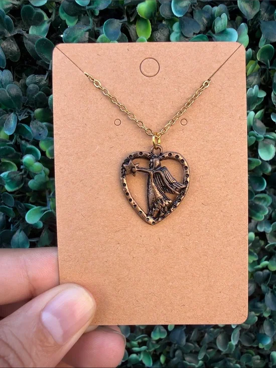 Hand Crafted Bronze Heart Fairy Pendant Necklace - Gold S. Steel Chain