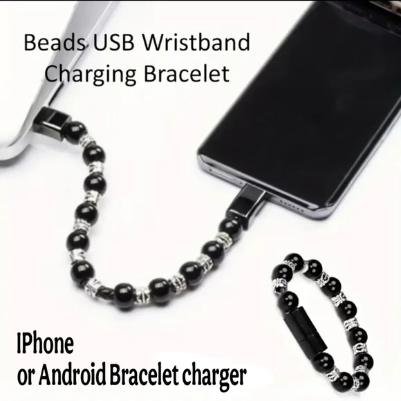Black and Silver Beaded Bracelet Phone Charger. Iphone Galaxy Android