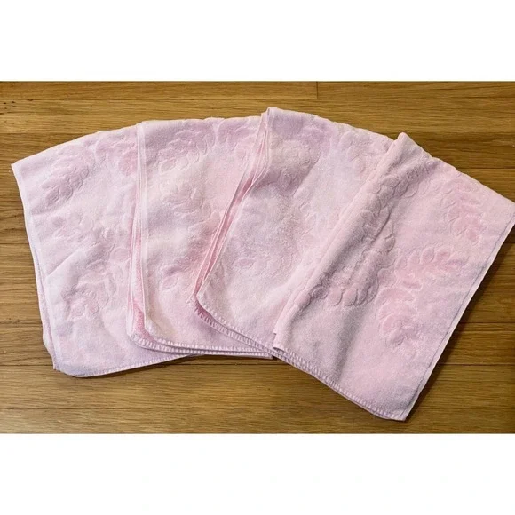 Vintage Cannon Pink Fig‎ Leaf 4 Hand Towel Set Sculpted Textured Cotton USA