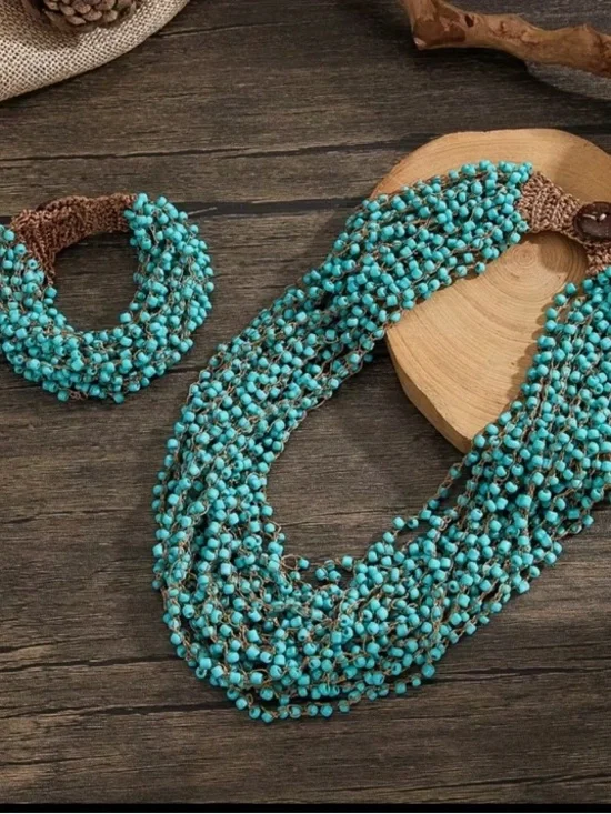 NWT Turquoise Beaded Choker Necklace & Bracelet Set | Boho Statement Jewelry