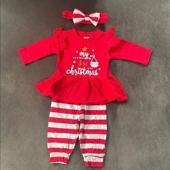 Infant Baby Girl Red White My 1st Christmas Outfit Set 3pcs 0-3 months NEW