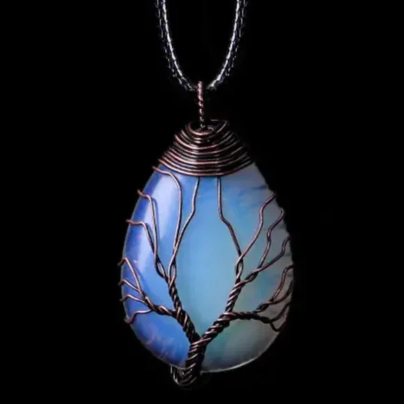 Tree Of Life Copper Wire Wrap Opal Glass Stone Pendant Necklace