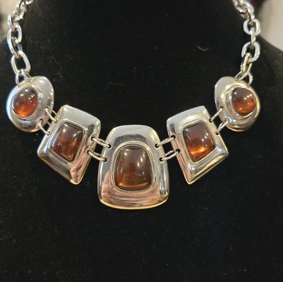 Silver and Amber Colored Statement Necklace
