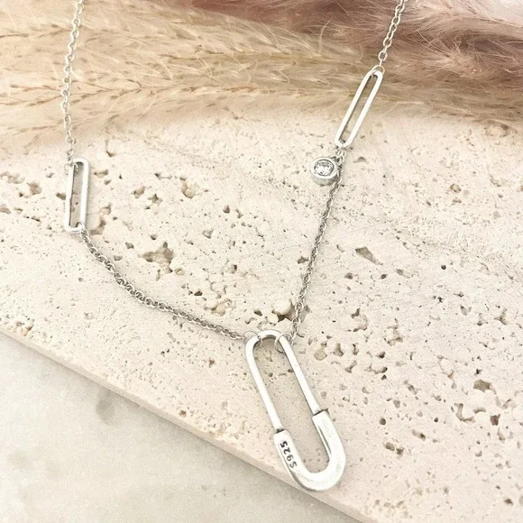 925 Sterling Silver Paperclip Necklace Safety Pin Necklace Modern Necklace