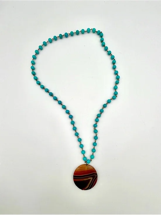 Turquoise Bead Necklace with Striped Agate Pendant