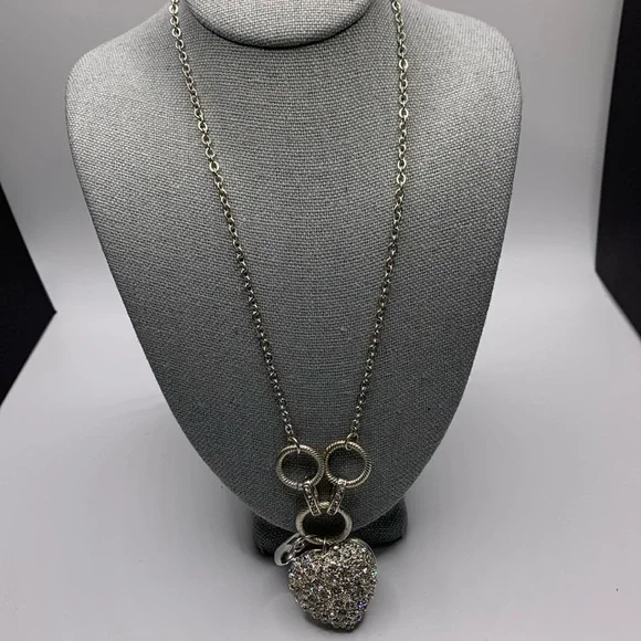 Silver Tone Rhinestone Puffy Heart Pendant & Charm Necklace‎ 15”