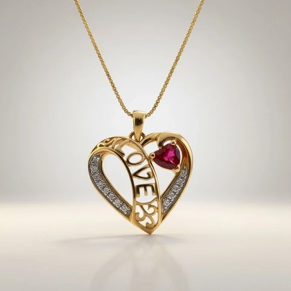 VTG LOVE Heart Pendant Necklace 18k Over Sterling Created Ruby Diamond Accent