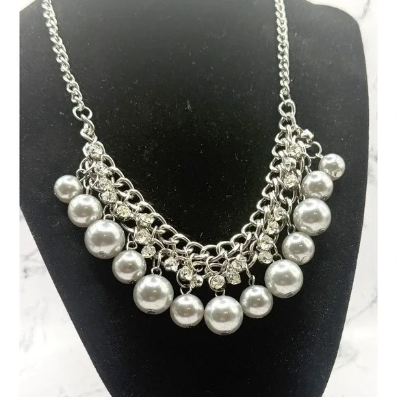 Silver‎ Gray Pearl Statement Necklace Rhinestone Chunky 16-19