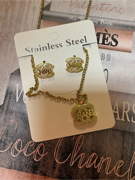 Luxury inspired Gold Logo Pendant Necklace with Matching Studs