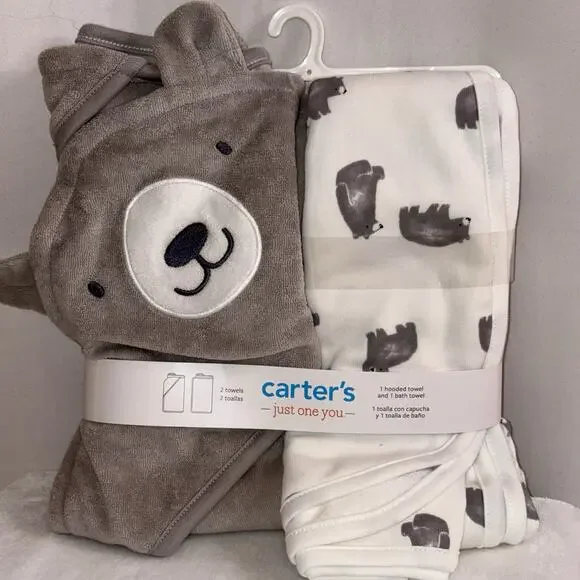 Carter’s 2-Pack Towel Set Bear Hooded Towel + Bath Towel Baby Toddler Kids NEW