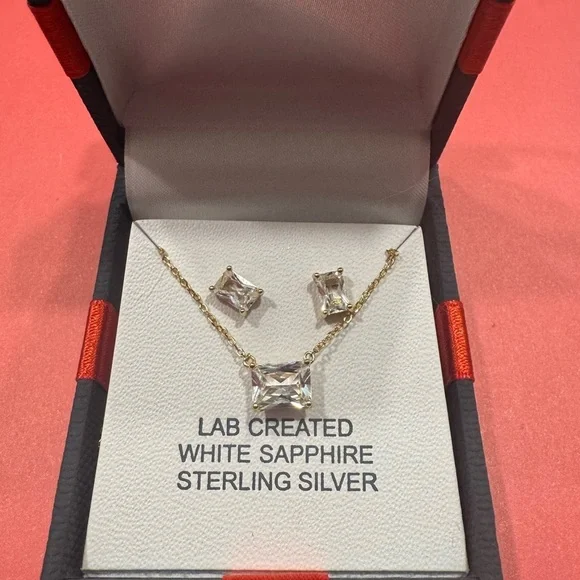 NWT Lab Created White Sapphire Sterling Silver Necklace/Stud Set