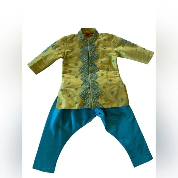 Boys Indian Wedding Sherwani Kurta Set Gold Teal Embroidered 9-12M Wedding