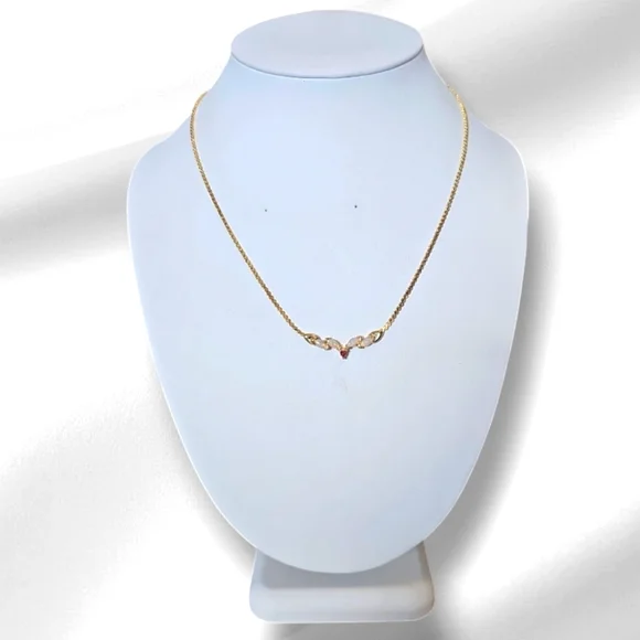 Beautiful Vintage Gold Tone Necklace With Opal And Pink Ruby Necklace.