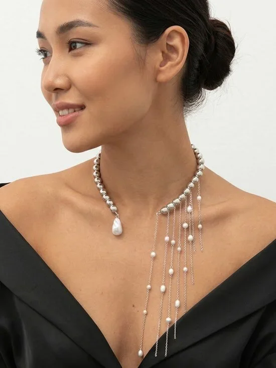 Statement Pearl & Silver Cascade Choker – Adjustable Stainless Steel