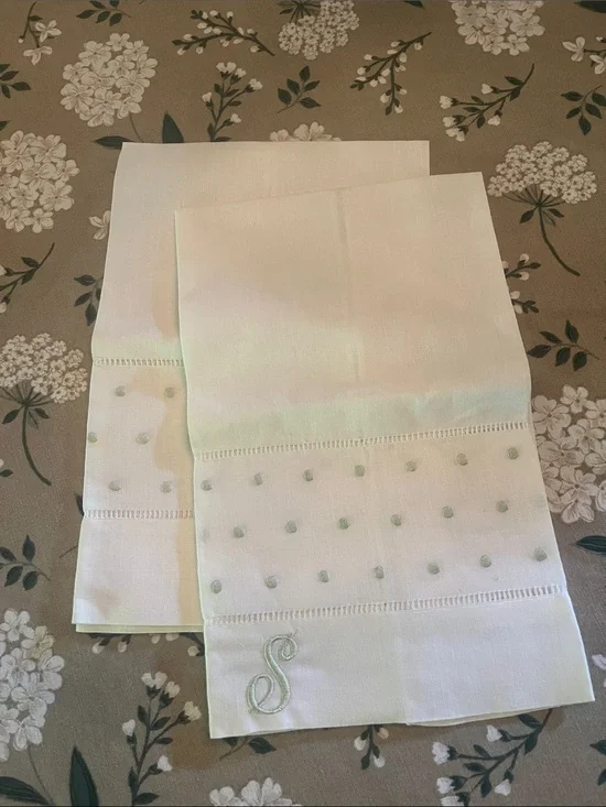 Set of Monogrammed “S” White Linen Guest Towels with Pale Green Embroidery